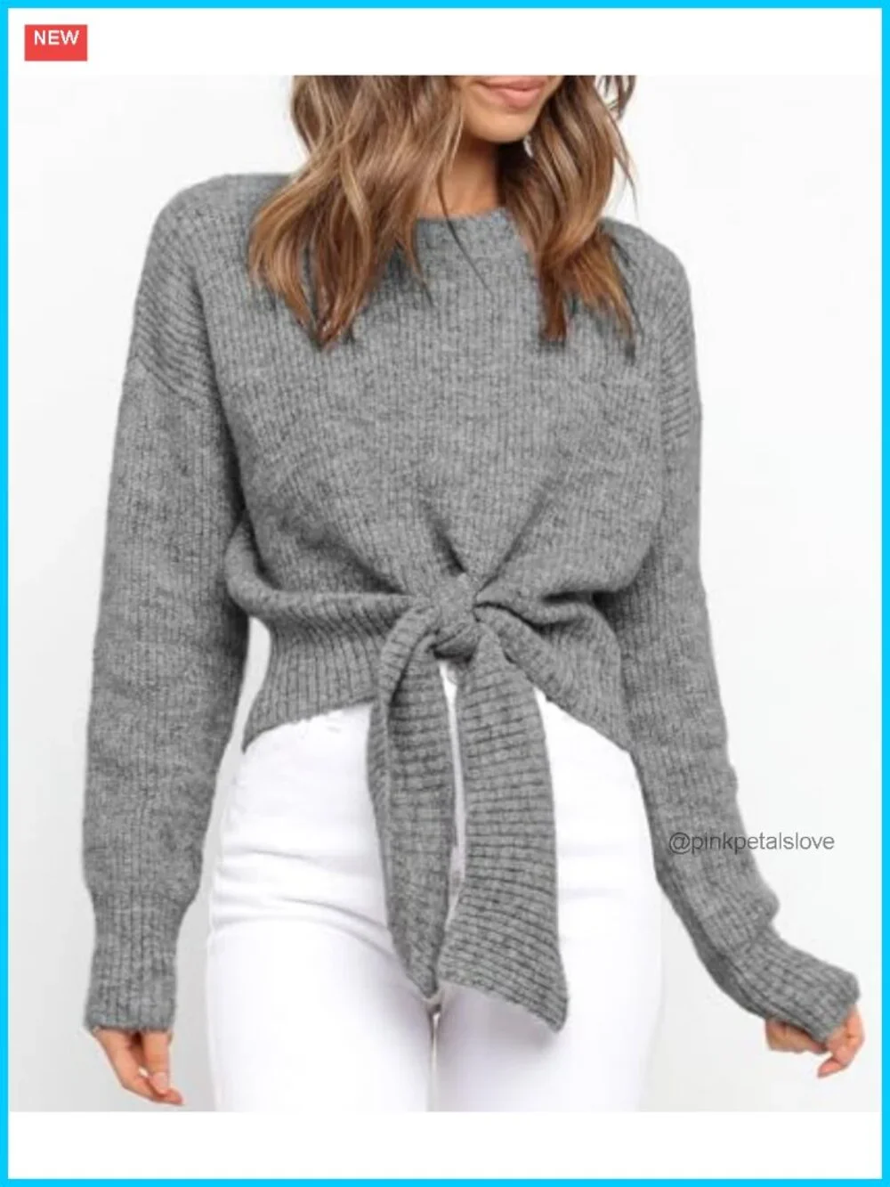 Women's Chunky Cable Knit Crop Sweater Tie Front Crew Neck Pullover